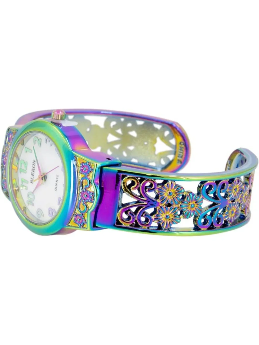 Women's Iridescent Japanese Quart 28mm Case Elegantly Designed Cuff Bangle Watch
